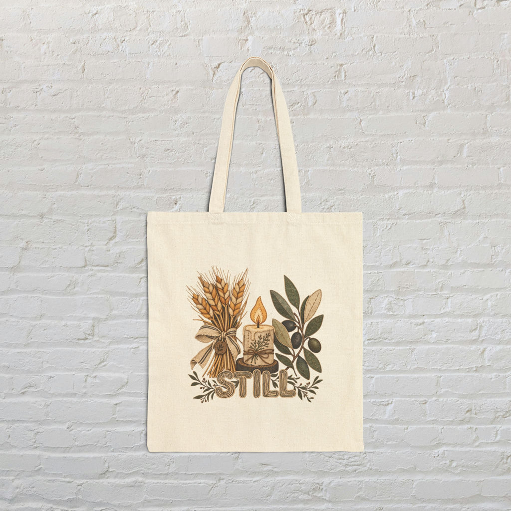 Canvas Tote Bag — Cozy Autumn Candle & Wheat Floral Design (Still)