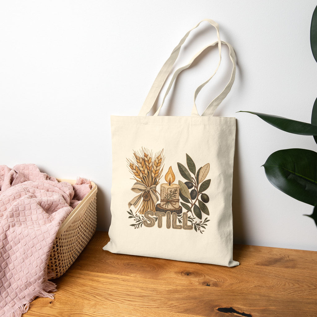 Canvas Tote Bag — Cozy Autumn Candle & Wheat Floral Design (Still)