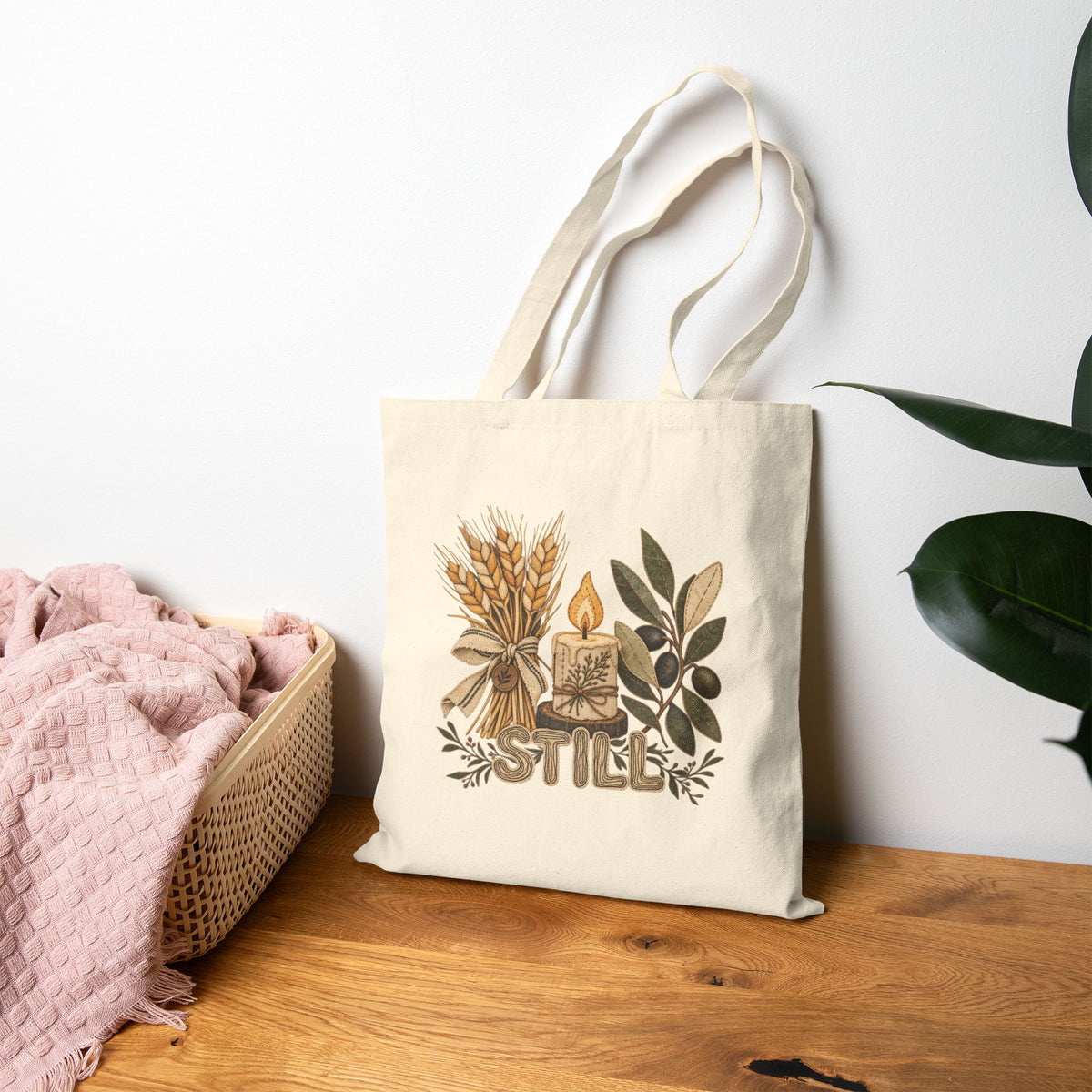 Canvas Tote Bag — Cozy Autumn Candle & Wheat Floral Design (Still)