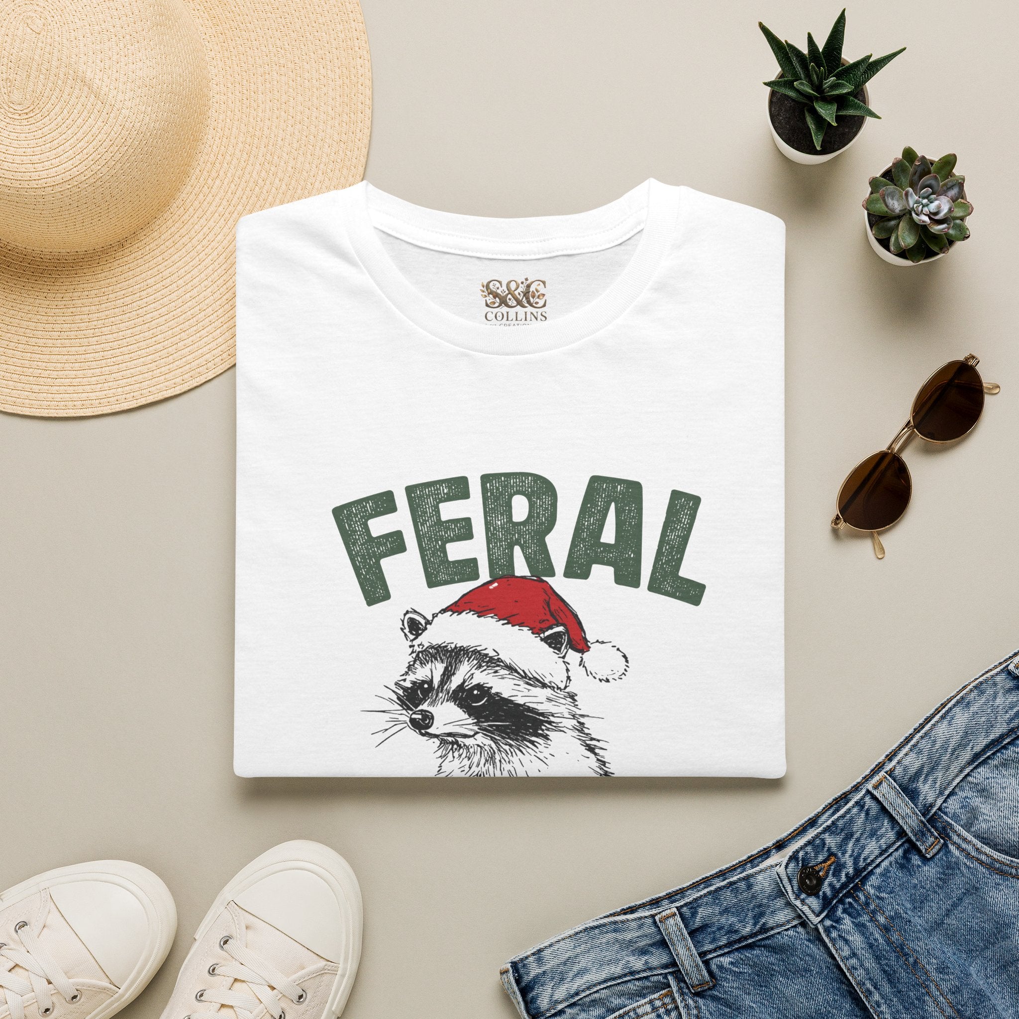 Feral Christmas T-Shirt — Raccoon in Santa Hat Holiday Tee