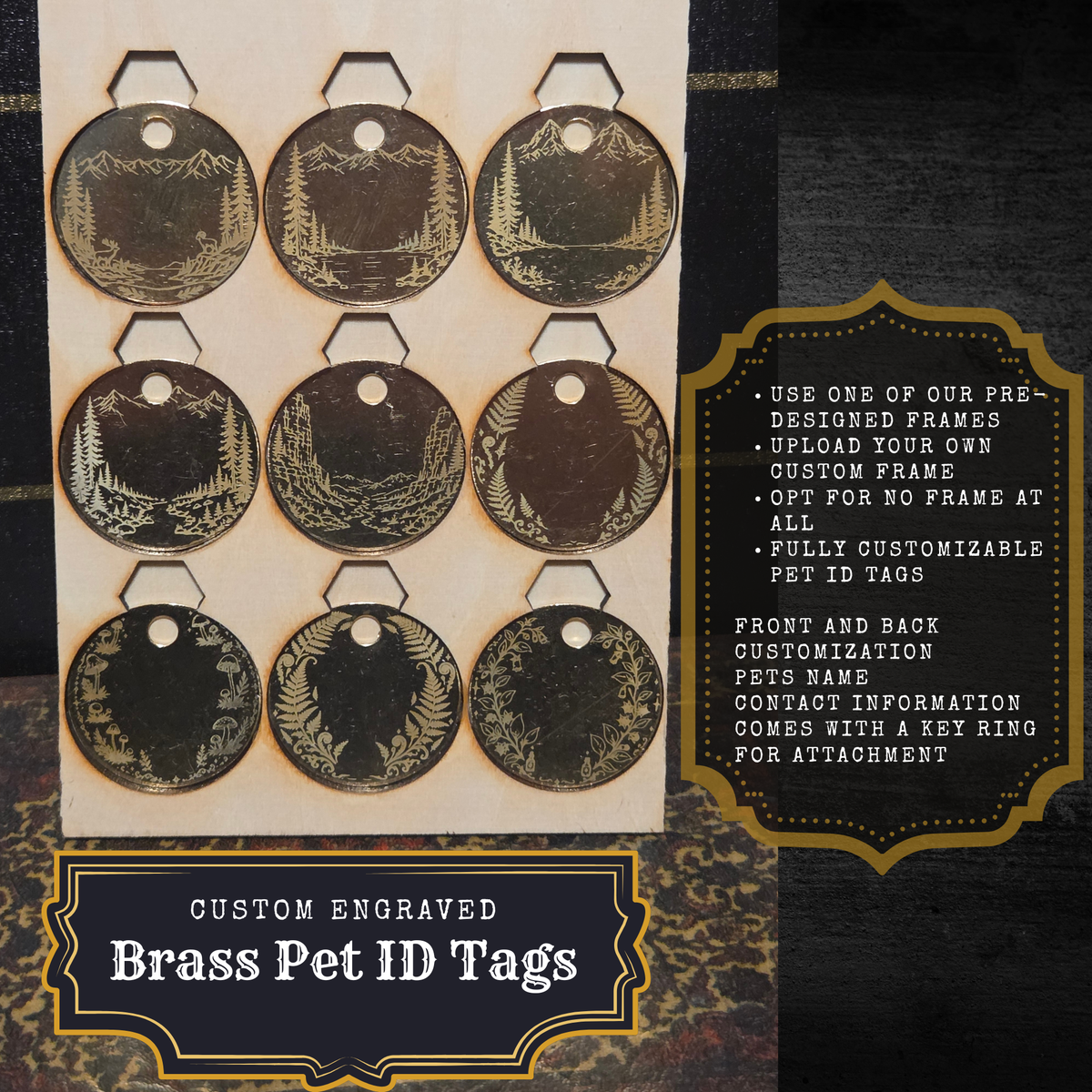 Custom engraved brass pet ID tags displayed on a beige card, with nine oval-shaped tags featuring different landscape and floral engravings. The image includes promotional text on the right and bottom indicating customizable front and back contact information and key ring attachment.