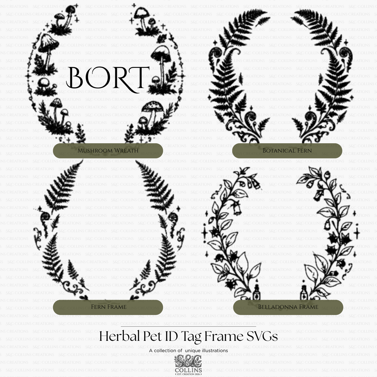 Four black-and-white botanical pet tag frame designs arranged in a 2x2 grid on a white background, with labels reading Mushroom Wreath, Botanical Fern, Fern Frame, and Belladonna Frame. Text at the bottom says 'Herbal Pet ID Tag Frame SVGs' and shows the brand Colline.