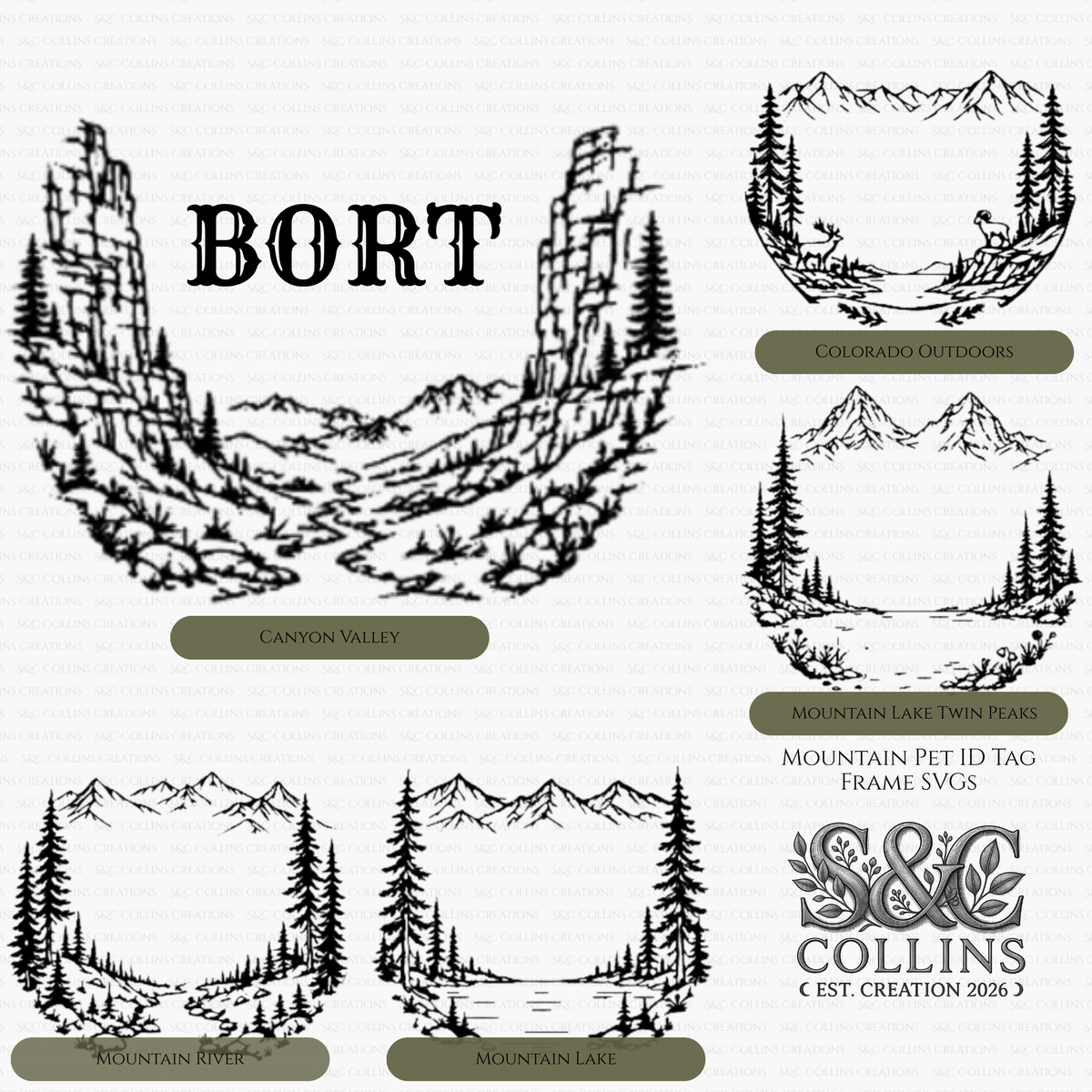 A collage of black mountain-and-lake landscape SVG frame designs with labels such as BORT, Canyon Valley, Colorado Outdoors, Mountain Lake, Mountain River, and Mountain Lake. A logo for S&C COLLINS appears at the bottom right.
