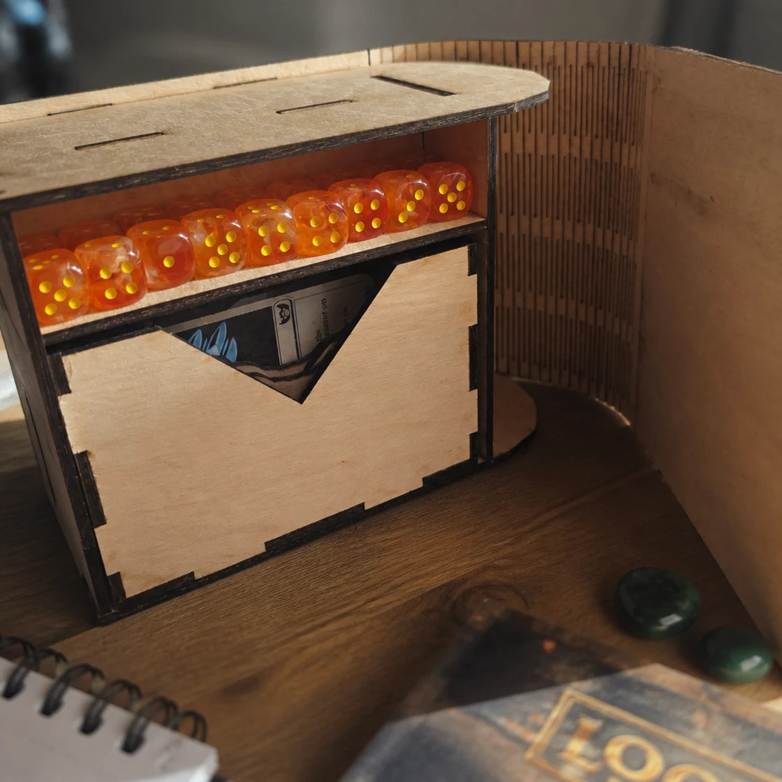 Folding single deck box with side dice storage