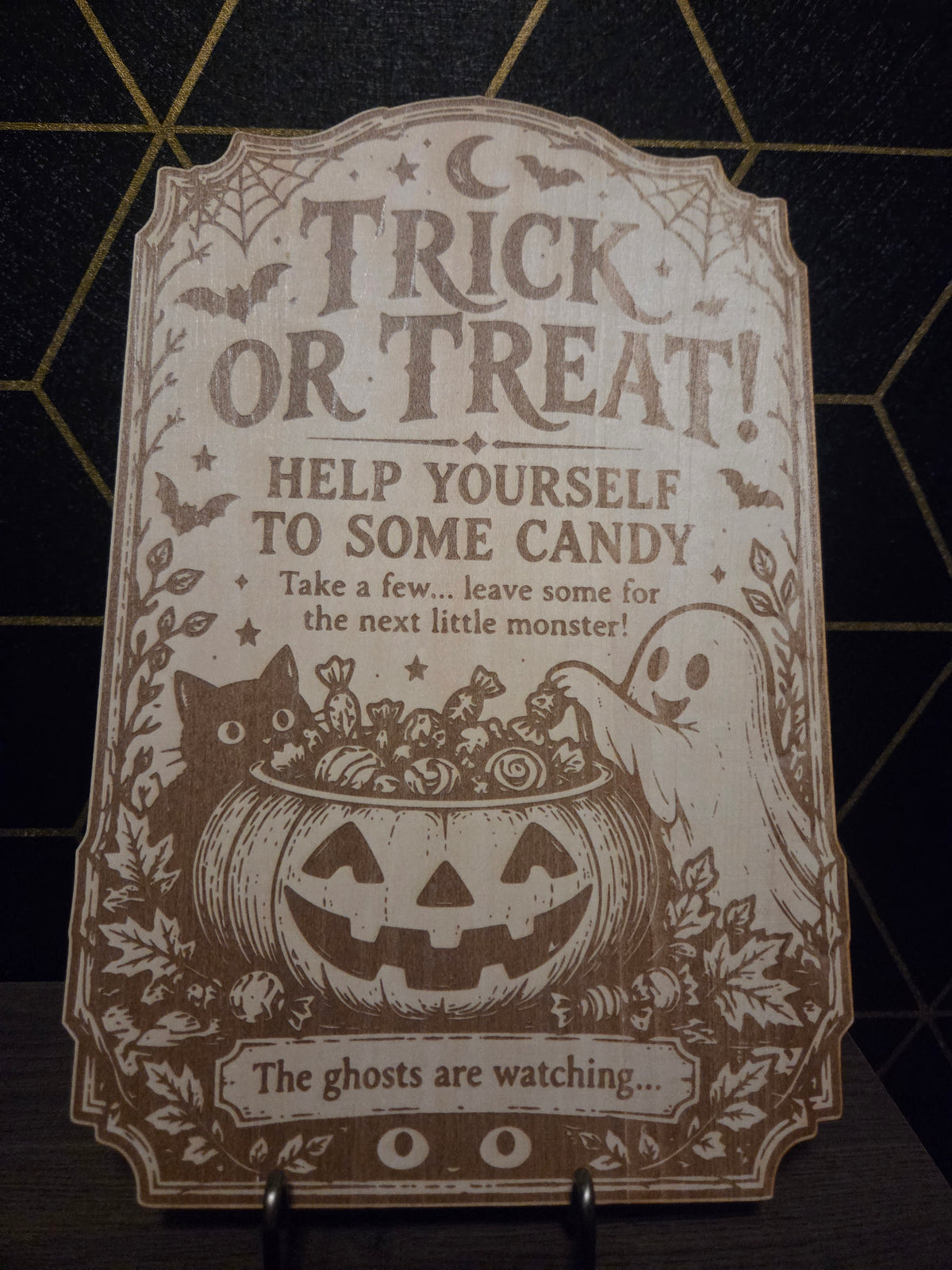 Engraved basswood trick or treat sign that says Help yourself to some candy, with a jack-o'-lantern